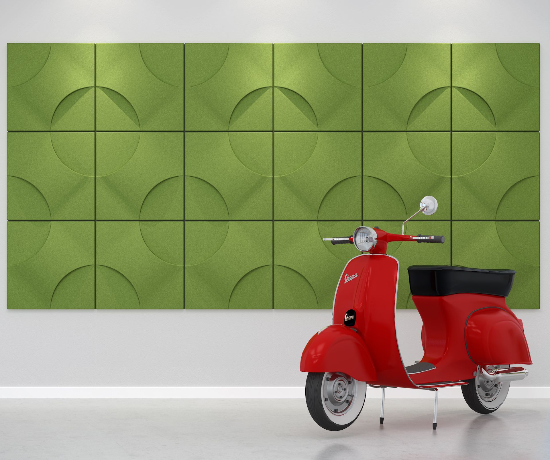 Image of green acoustic tiles from Acoustek's Cavasinni Collection attached to a wall. Acoustic tiles manufactured by Acoustek.