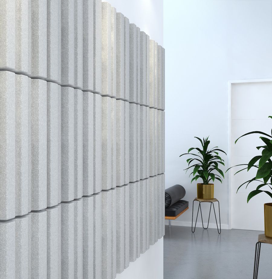 Close up of grey & silver Diffuse acoustic tiles from Acoustek's Newport collection. Manufactured & sold by Acoustek Australia & UK.