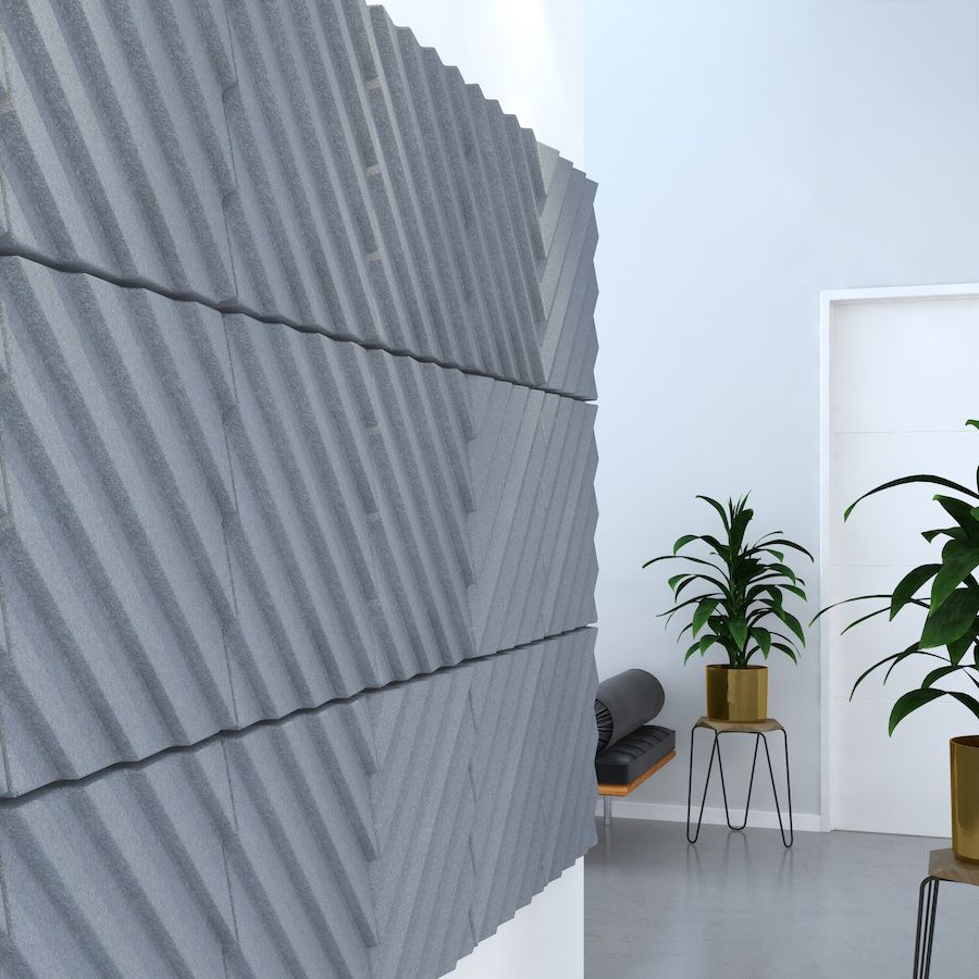 Close up of dark grey Metro acoustic tiles attached to a wall. Acoustic tiles from Acoustek's Newport collection. Sold & manufactured by Acoustek Australia & UK.