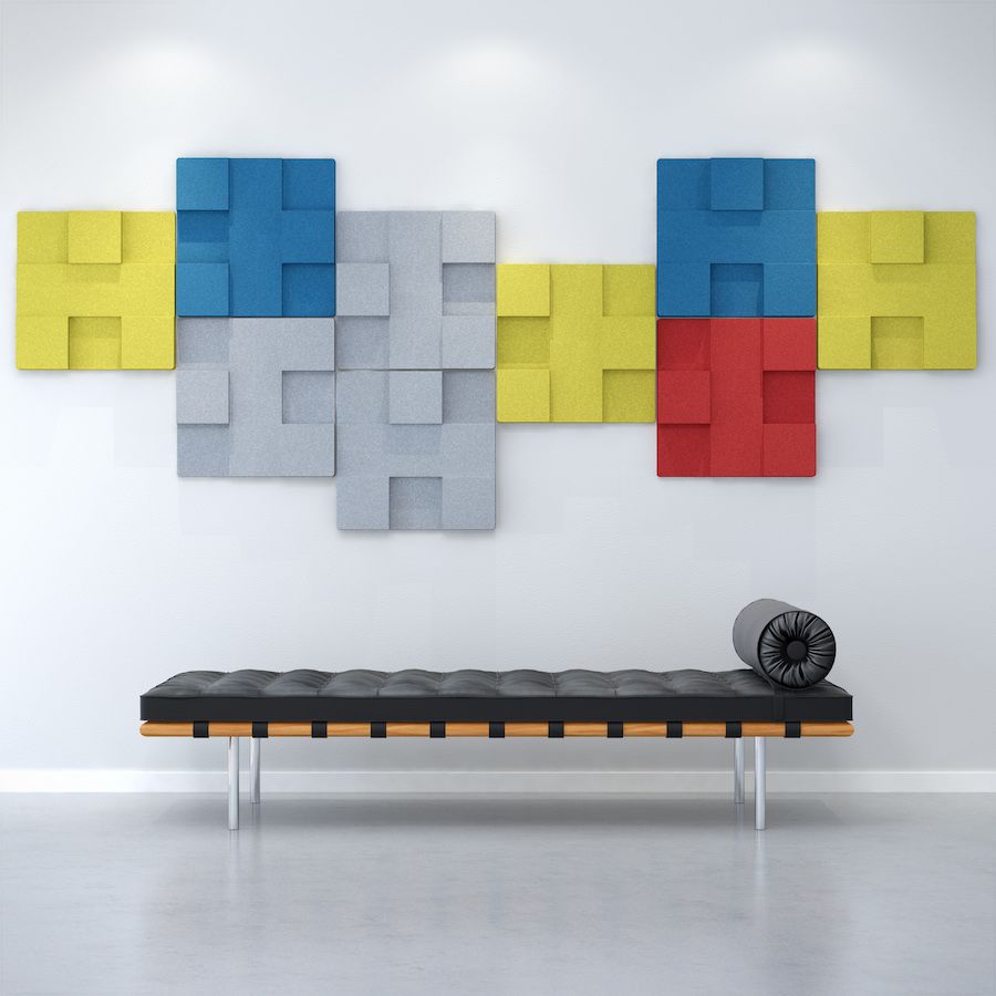 Image of yellow, blue, grey and red Urban acoustic tiles from Acoustek's Newport collection. Manufactured & sold by Acoustek Australia & UK.