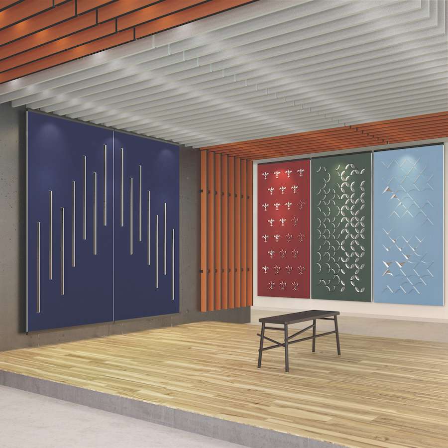 Dark & light blue, red and green Pastorale acoustic panels attached to wall, designed to improve acoustic sound in an indoor space. Manufactured & sold by Acoustek Australia and UK.
